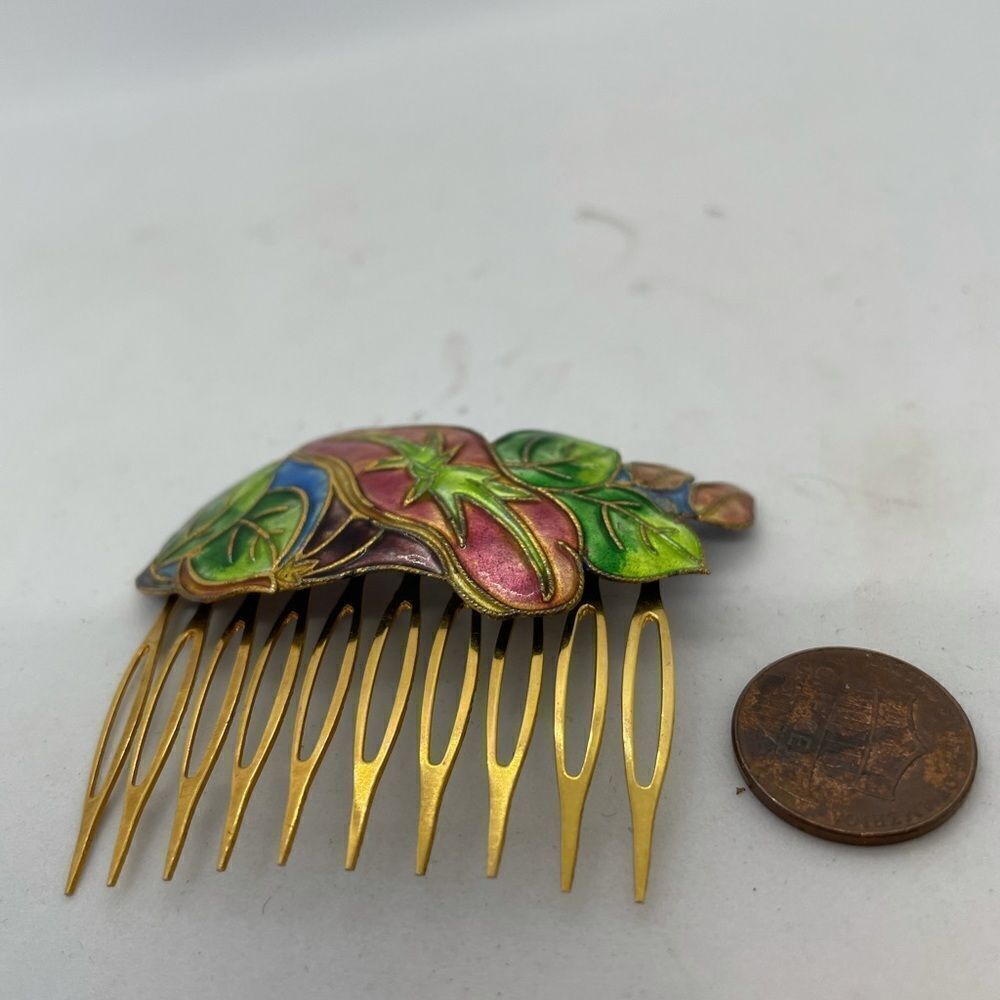 Vintage Cloisonné Enamel Floral Hair Comb 80s - Picture 12 of 14